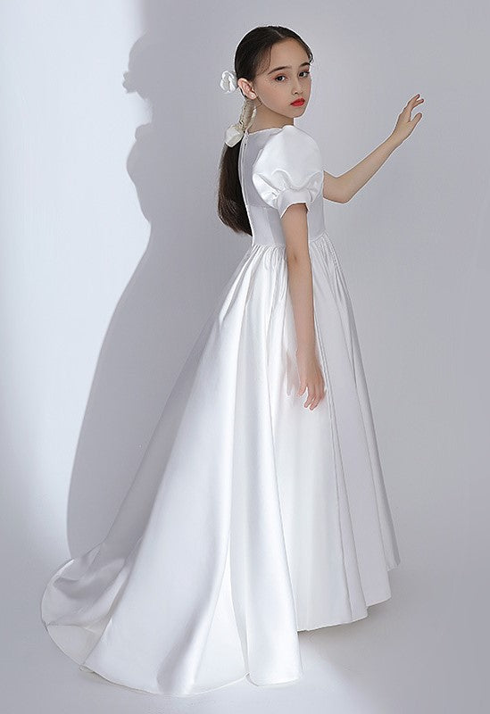 White Satin Flower Girl Dress - Floor Length With Trail