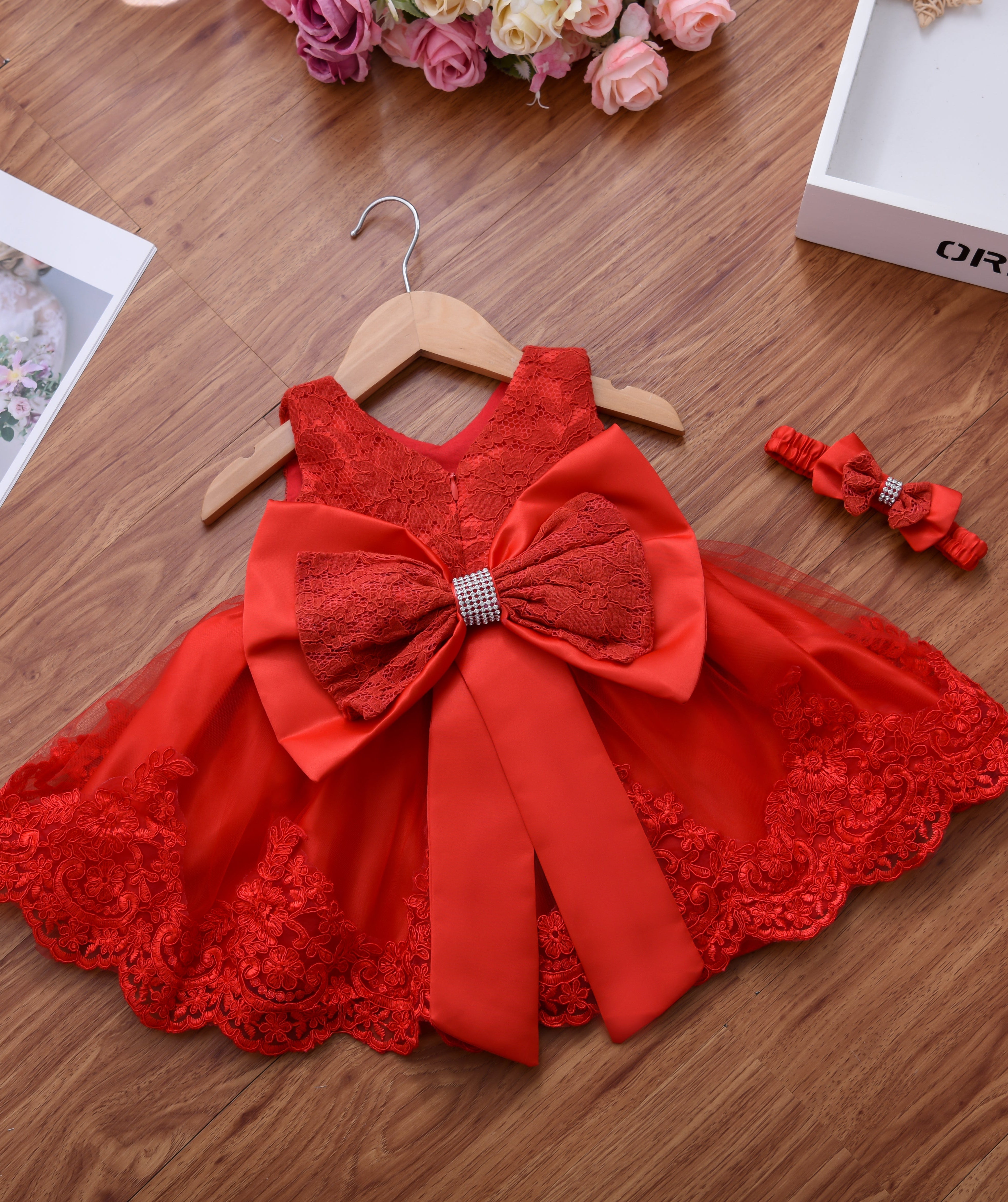 Baby Girl Lace Dress With Headpiece - Red Dress