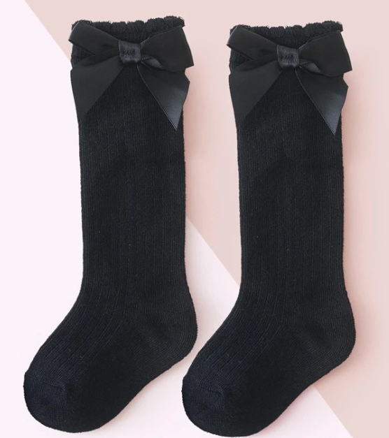 Girls Black Socks With Bow- High Knee