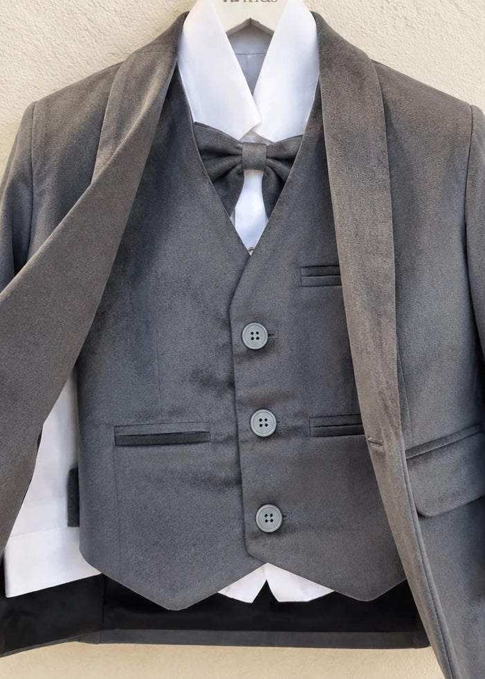 Baby Boy Grey Suit 5pcs Set - Velvet Suit