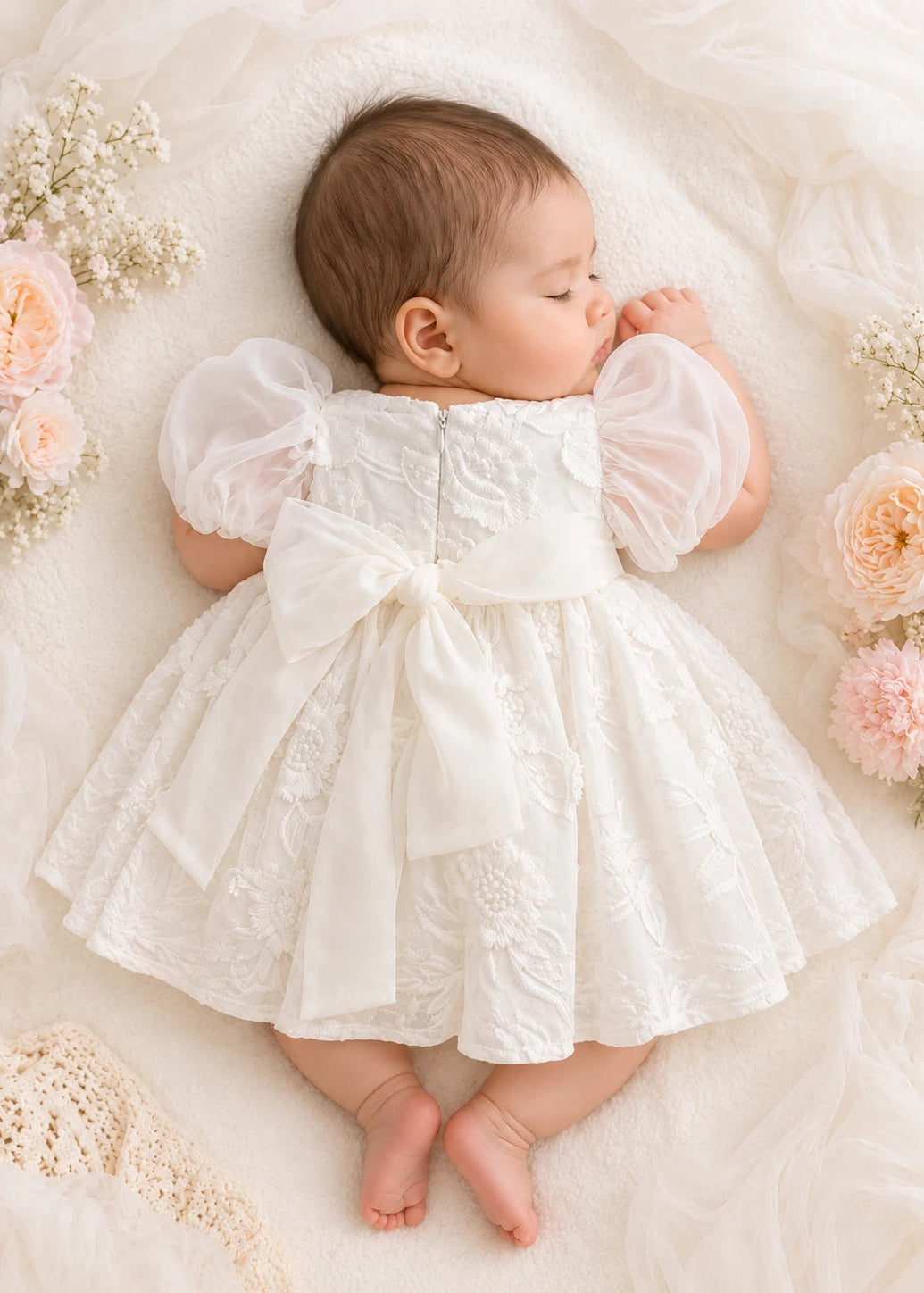 Baby Girl Puffy Sleeve Lace Romper Dress With Headpiece