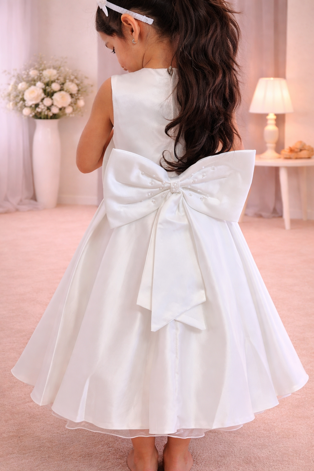 Ivory Satin Dress With Headband- Pearls Dress