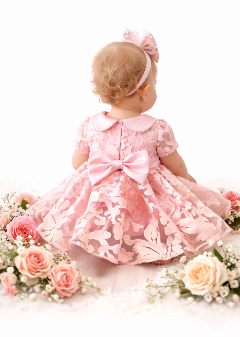 Baby Girl Peter Pan Collar Dress - Pink Lace Dress