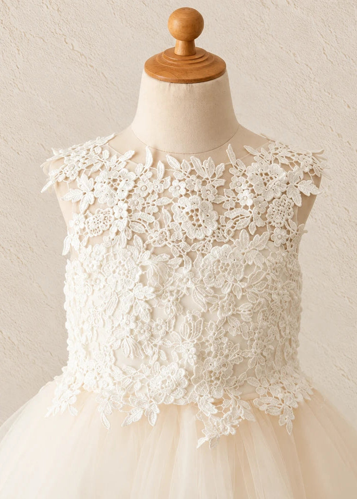 Lace Tulle Flower Girl Dress - Keyhole Back