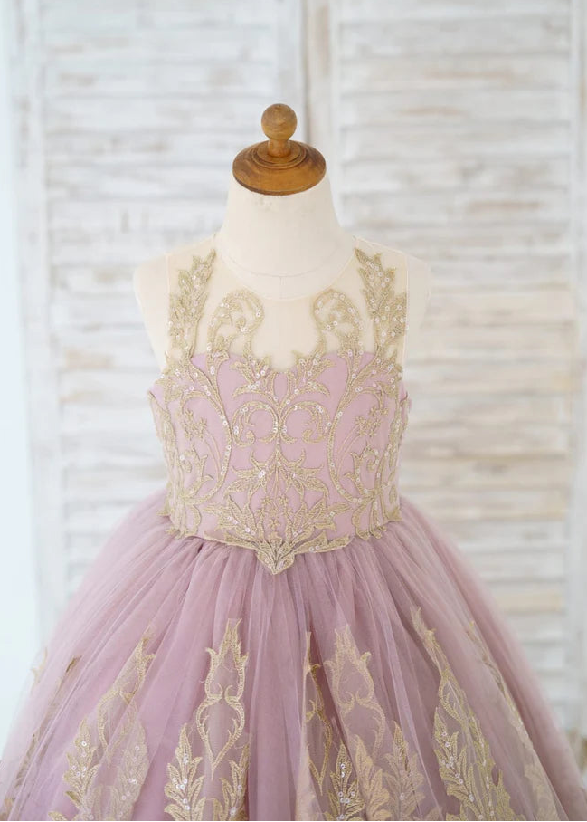 Mauve Tulle Gold Lace Sheer Back Kids Pageant Gown - Made to order