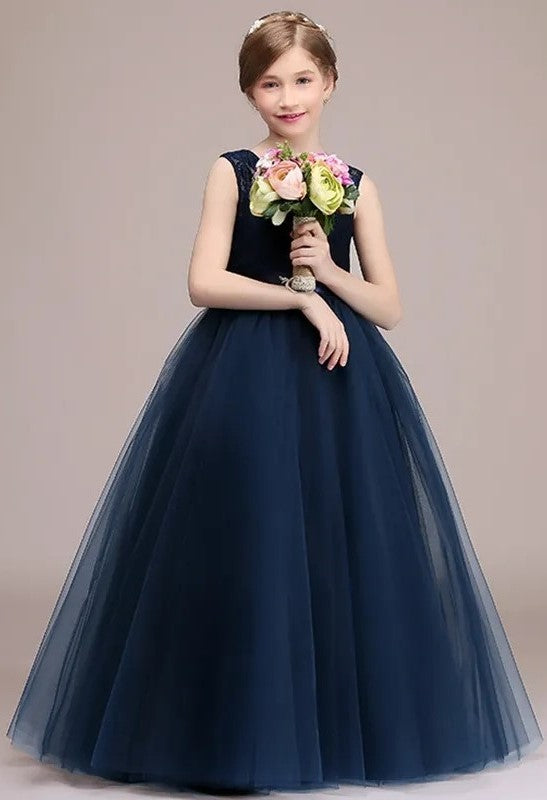 Ball-Gown Floor-Length Flower Girl Dress - Navy