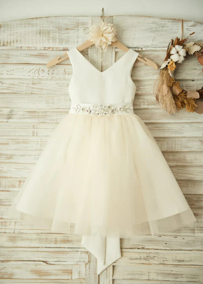 V Neck Satin Tulle  Flower Girl Dress -Ivory Champagne