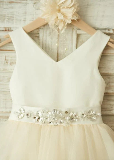 V Neck Satin Tulle  Flower Girl Dress -Ivory Champagne