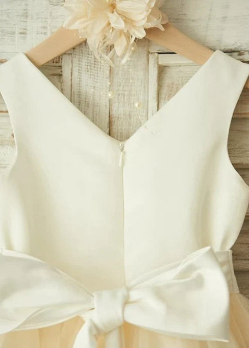 V Neck Satin Tulle  Flower Girl Dress -Ivory Champagne