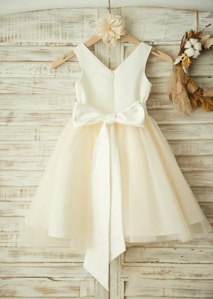 neck-ivory-satin-champagne-tulle dress