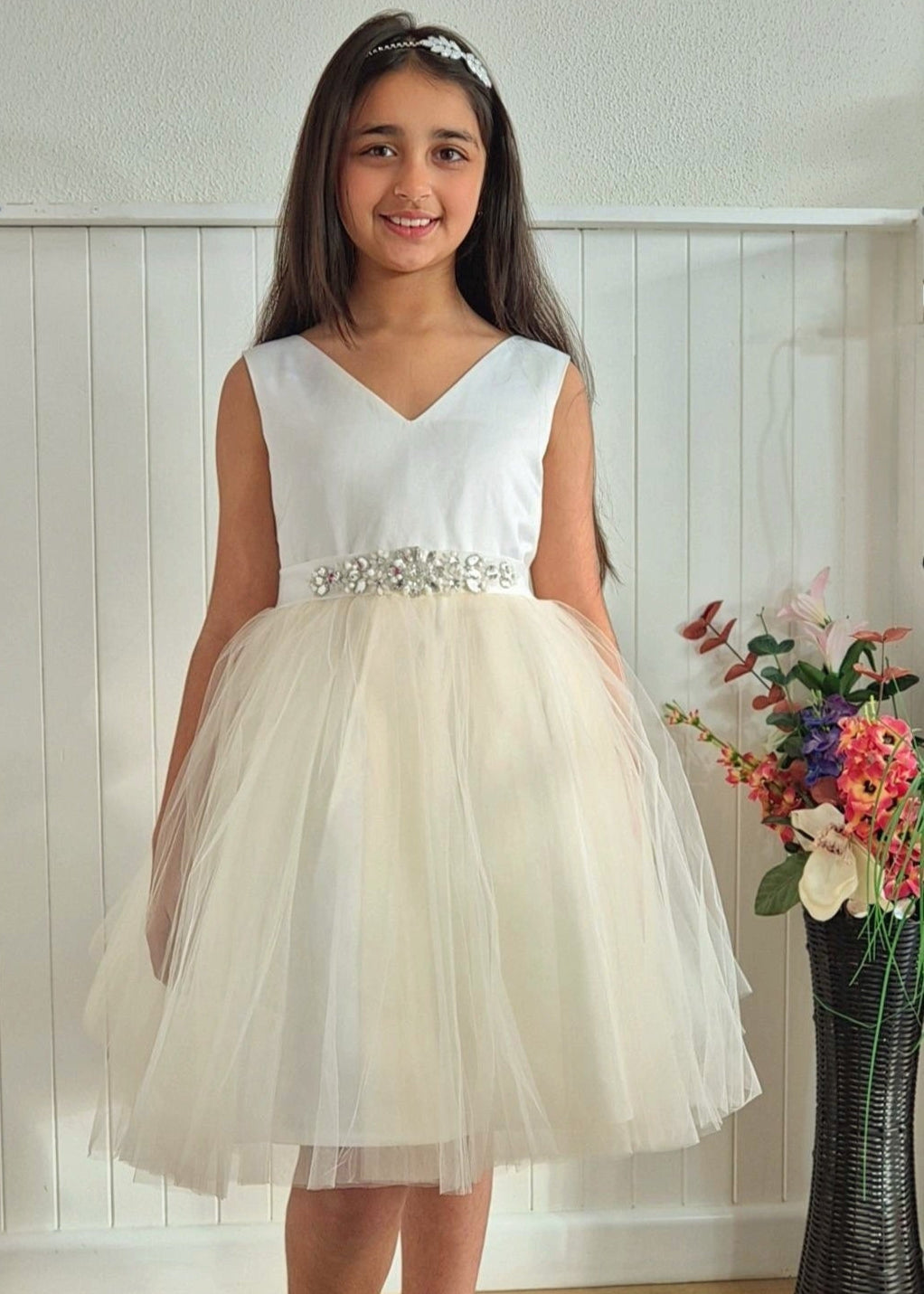 neck-ivory champagne flower girl dress