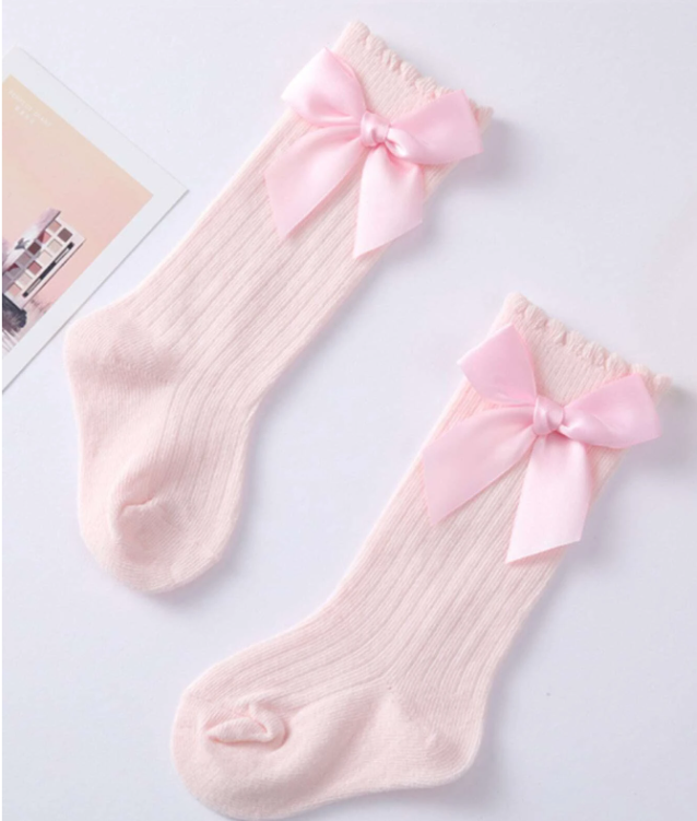 Girls Pink Socks With Bow- High Knee