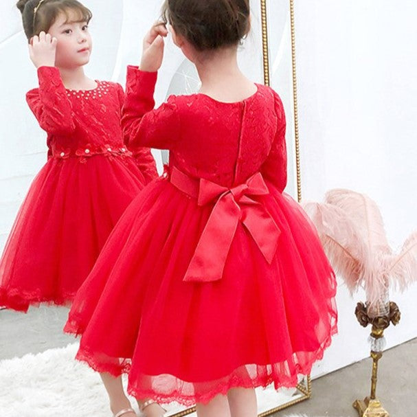 Autumn Long-Sleeved Flower Elegant Beaded Lace Formal Red Dress